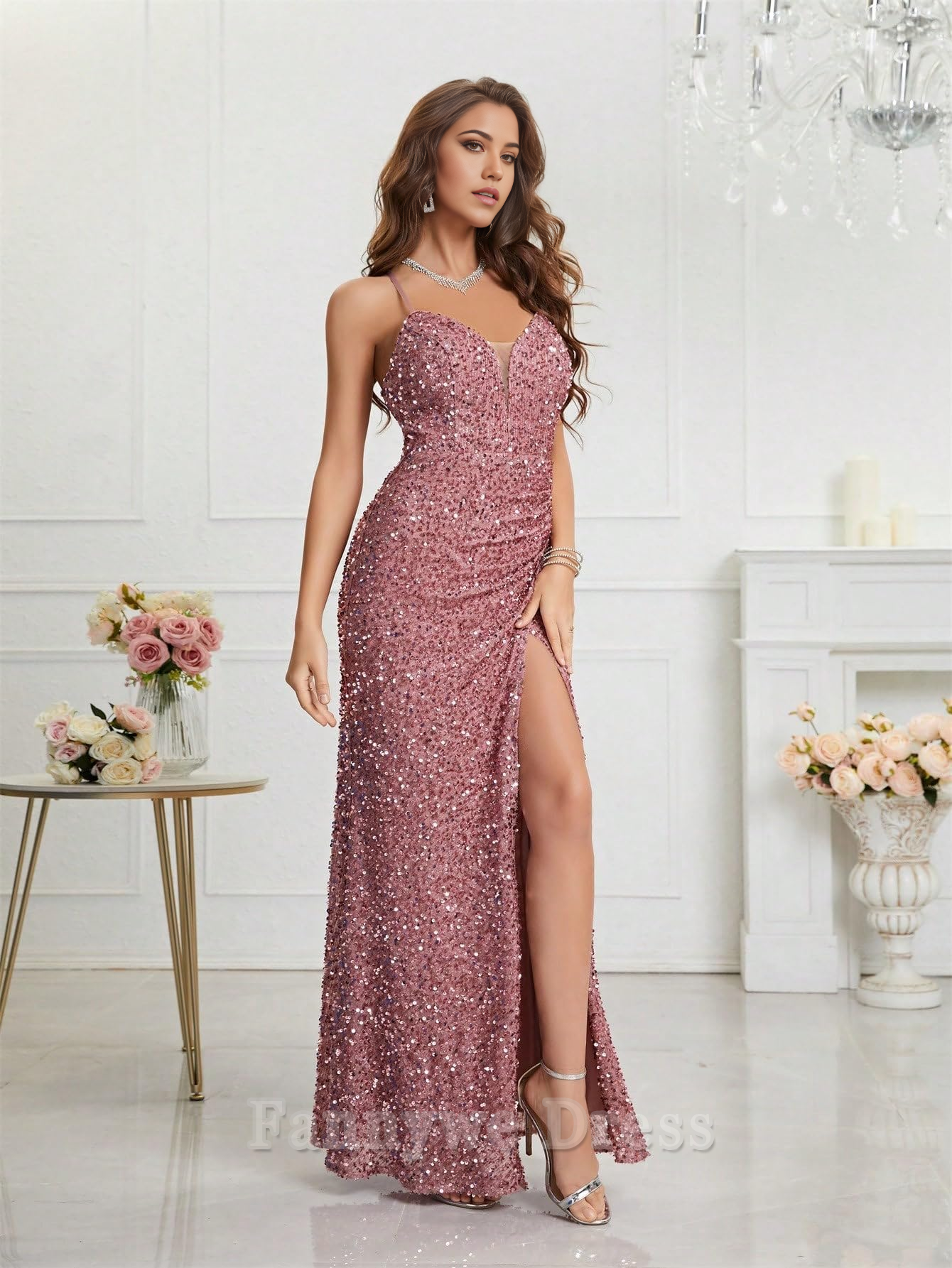 Mermaid V-Neck Spaghetti Straps Bodycon Sequin formal dresses Bridesmaid Dresses evening gown Prom Dress